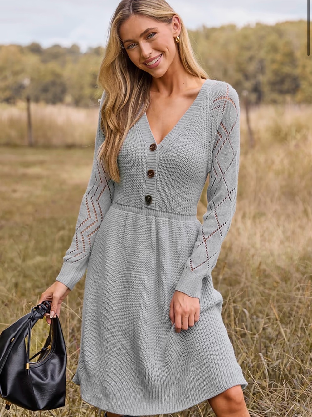 Grey V-Neck Long Sleeve Mini Sweater Dress